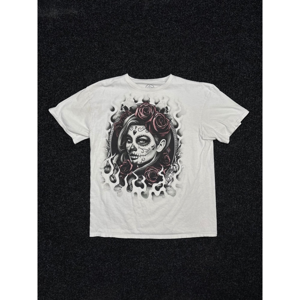DOM Sugar Skull Day of the Dead Its All About The Art Rose Graphic T-Shirt L